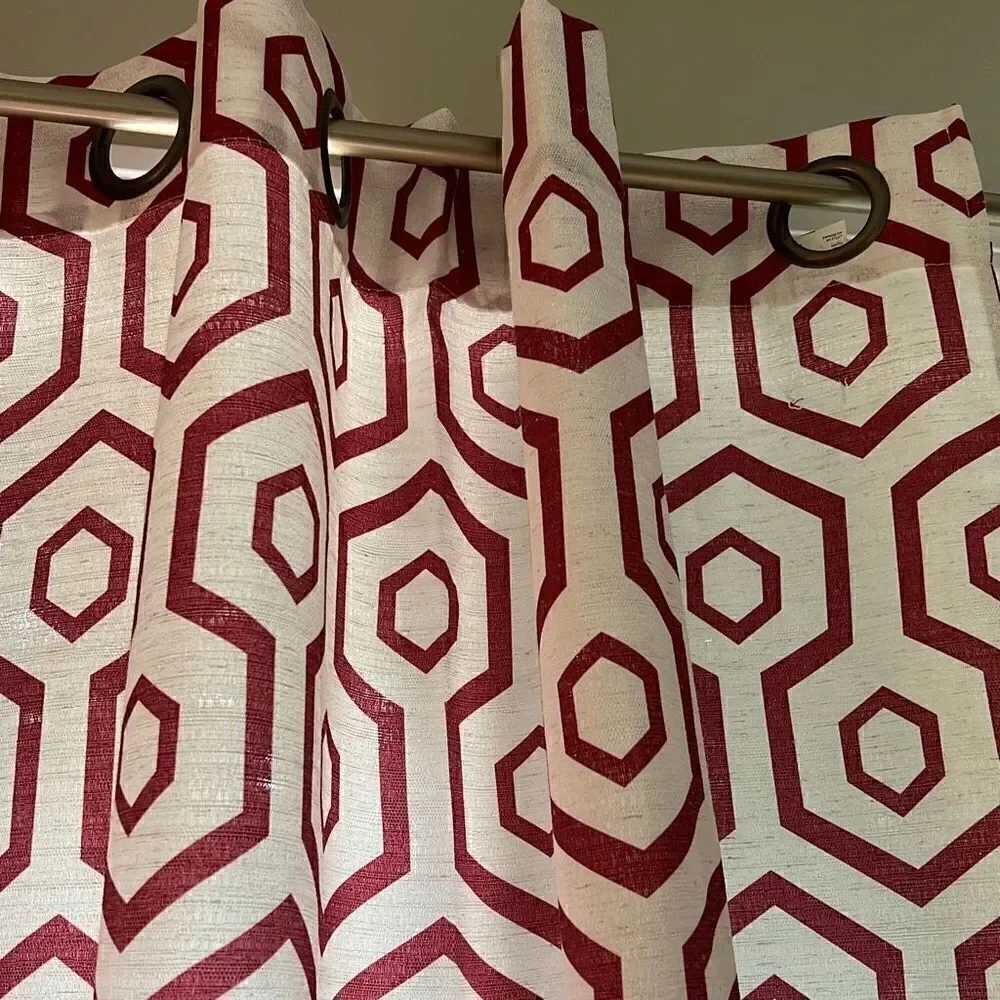 The Vermont Country Store Red White Geometric Linen Blend Curtain 4 Piece Set